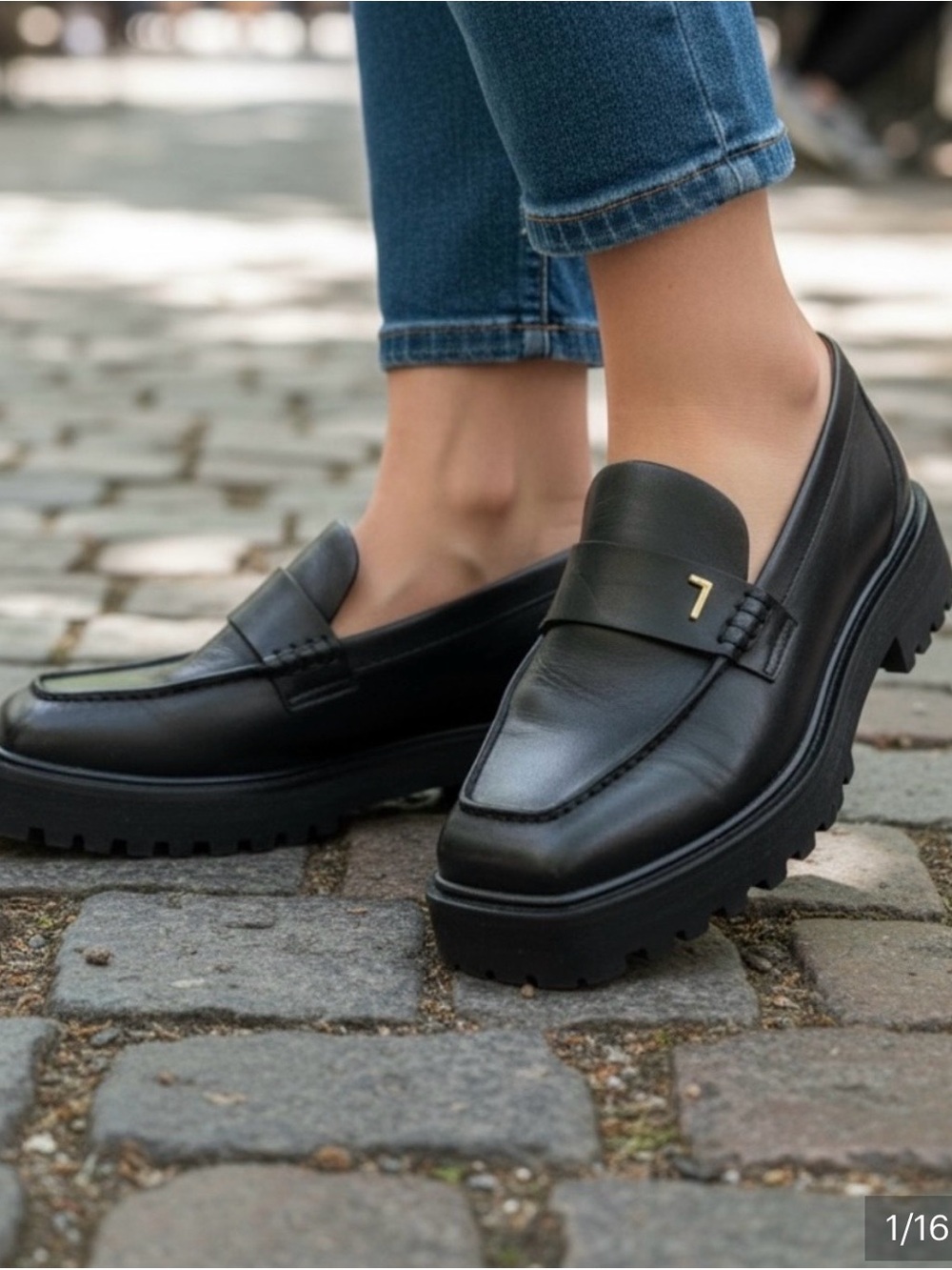 Black Lug-Sole Penny Loafers with Gold Accent
